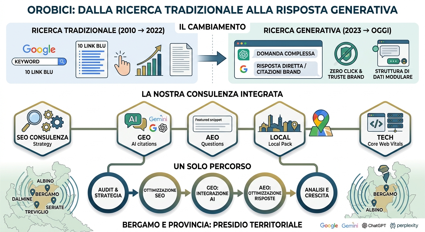 Schema Orobici: dalla ricerca tradizionale alla risposta generativa. Passaggio dalla SEO classica a GEO, AEO, Local Pack e SEO Tecnico per PMI bergamasche su Google, Gemini, ChatGPT e Perplexity.